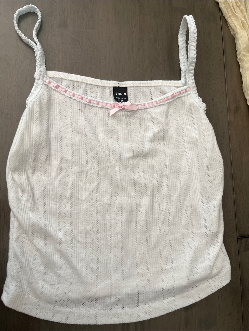 SHEIN White Knit Cami with Pink Ribbon Trim
